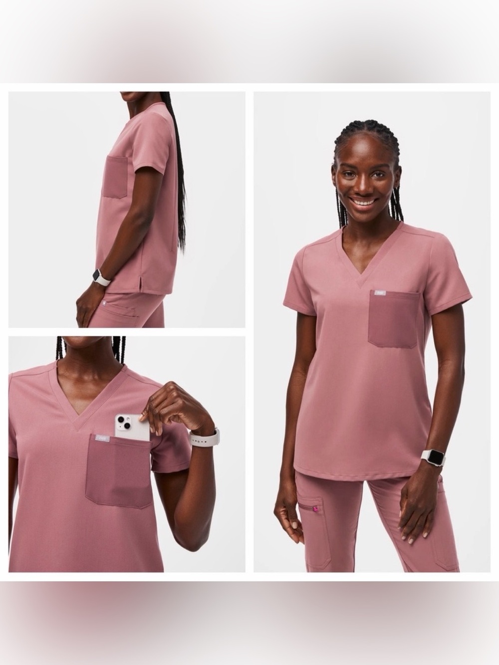 Figs Catarina Contrast One Pocket Scrub Top Dusty Rose Mauve